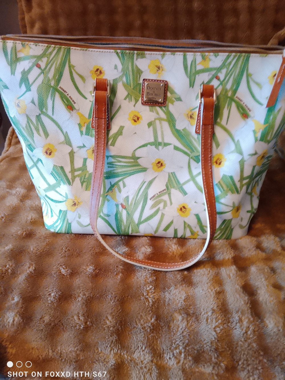 Dooney & Bourke White Floral Tote Bag with Brown Leather Straps